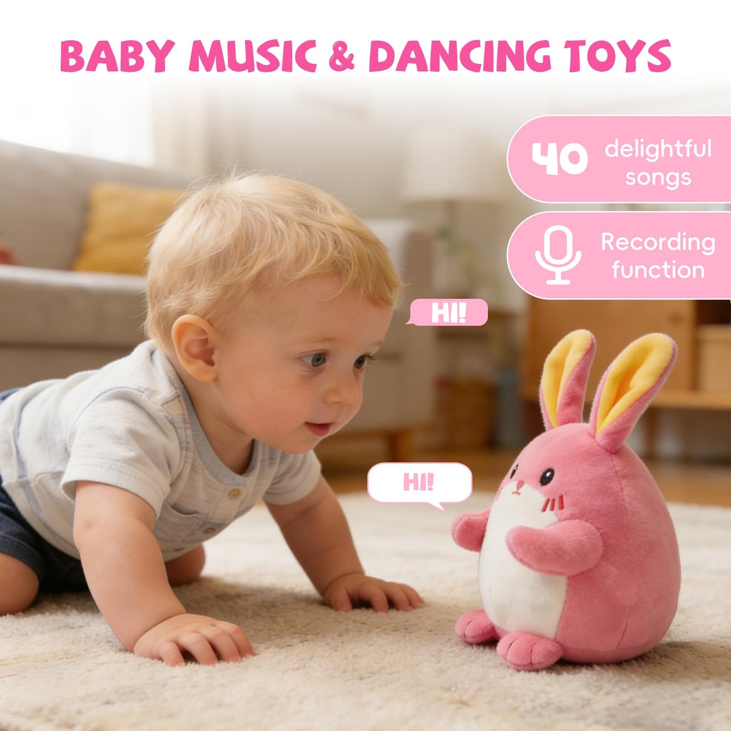 Crawling Pink Bunny Baby Toy with 48 Songs & Record, Interactive Musical Plush Toy for Babies 6-12 Months, Rechargeable Dancing Stuffed Animal, Sensory Toy for Toddlers 1-3, Cute Baby Gift for Girls