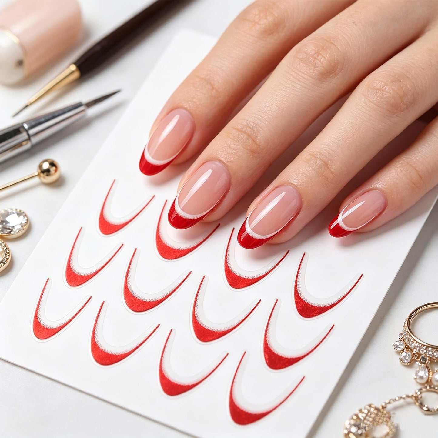 10 Sheets Colorful French Nail Stickers for Nail Art, 3D Self-Adhesive Gold Sliver Rosegold French Nail Decals, Red French Lines Nail Supplies Designs Accessories for Women Girls Manicure DIY