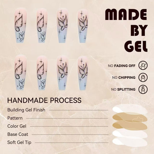 C.Z.Z.T.T.NAILS [24 Pack]Press On Nails, Blue&Pink Frosted Ombre Butterfly Wearers with Jelly Glue| Lusion Wings with Fingertips Concertos Day and Night Double Gradient Aesthetics