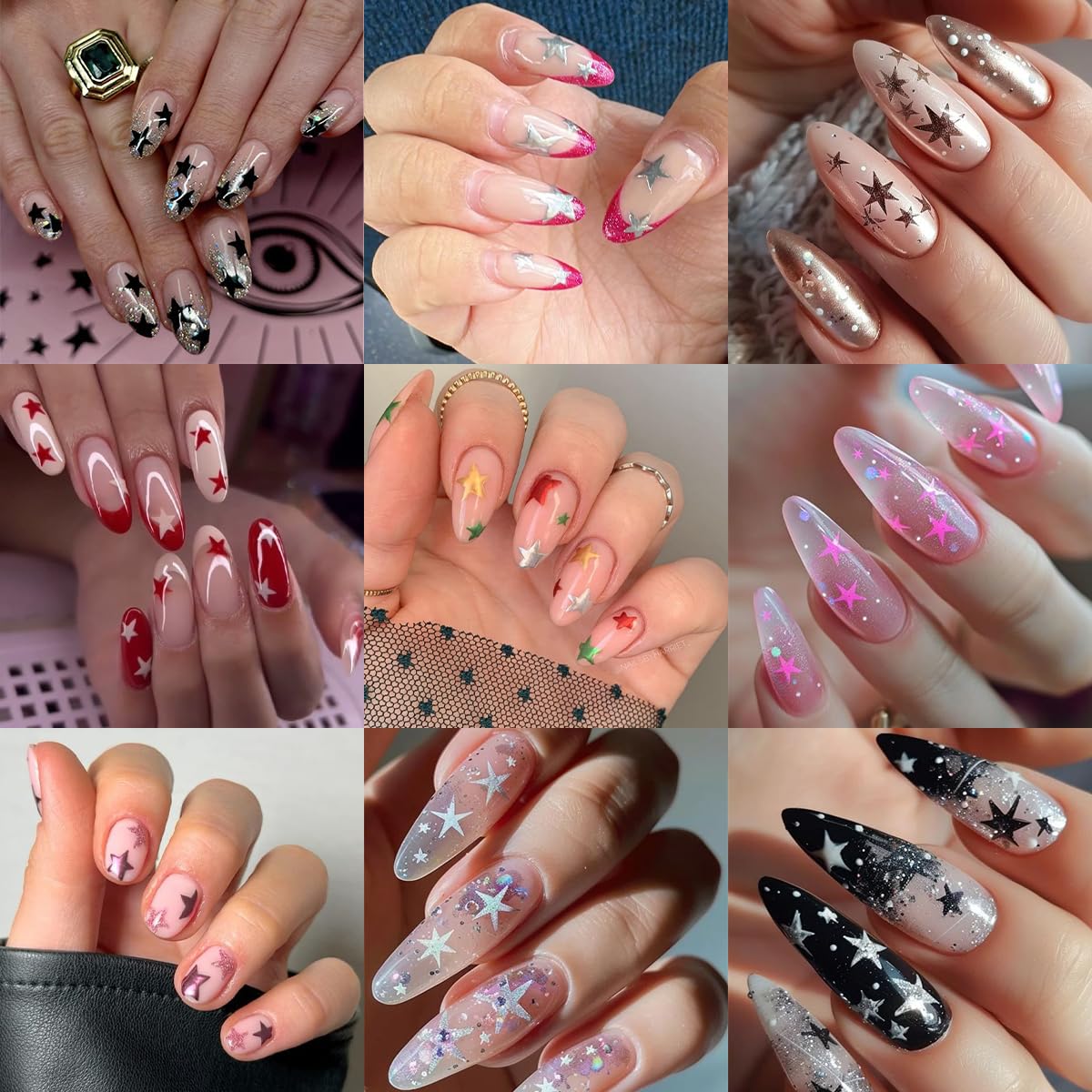 6 Sheets Self Adhesive Star Nail Stickers for Nail Art 3D Mini Glitter Gold Silver White Red Black Stars Nail Decals Starlight Independence Day Nail Art Stickers for Women DIY Star Nail Decorations