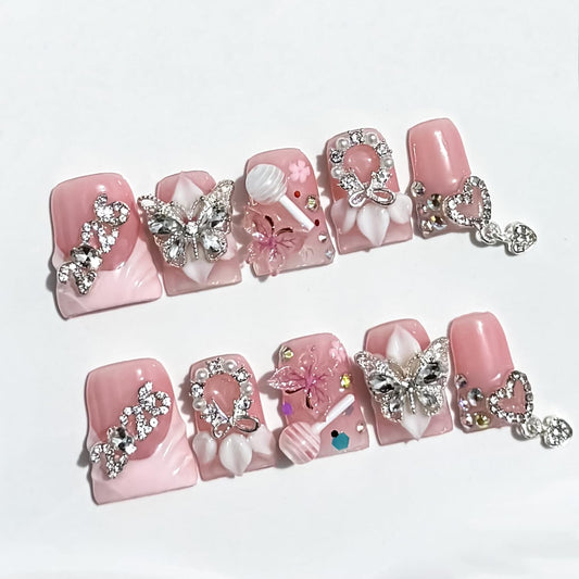Duck Press on Nails Handmade Acrylic Fake Nails 3D Luxury Butterfly and 2026 Designs Flower Stick on Nails Full Cover Thickened False Nails for Women Nail Art DIY（S)