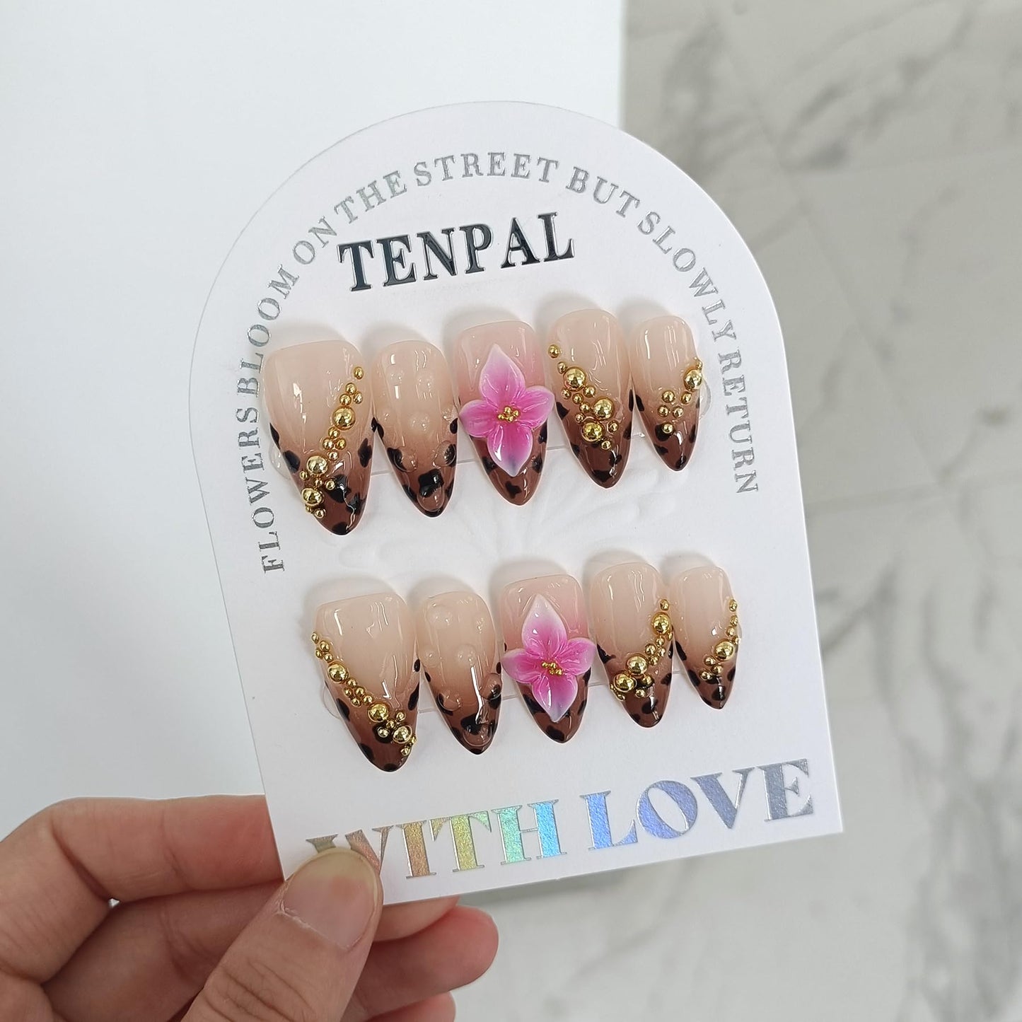 TENPAL 10-Piece Almond Press-On Nails Kit,Sexy Leopard French Tips Fake Nails with 3D Gold Beads & Pink Flowers,Brown Y2K Nails for Women, Edgy Yet Cute Daily Wear False Nails with All Tools(L)