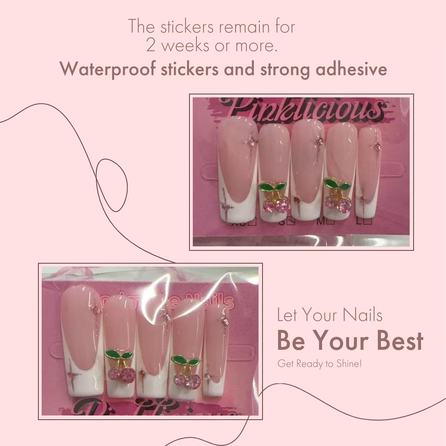 Pinktlicious Pink French Tip Press On Nails - Long Coffin Reusable False Nails with Cherry Rhinestones, Glue-On Artificial Nails for Women’s Daily & Party Manicure (S)