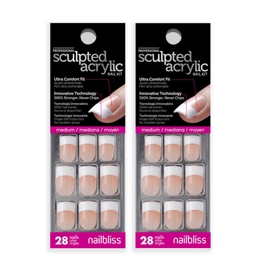 Dashing Diva Sculpted Acrylic French Tip Manicure Bundle - Classic Nude, Medium Squoval - Salon Quality, Easy to Apply, Long-Lasting Press-On Nails - Contains 2 Sets of 28 Glue On Nails