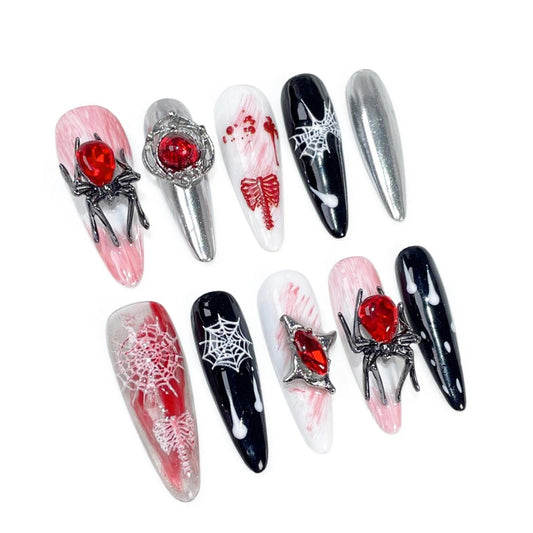 Handmade 3D Gothic Spider Web Red Rhinestone Stiletto Press On Nails, Dark Halloween Artisan Nails Set, Reusable Glossy Press-ons with Tool Kit(S)