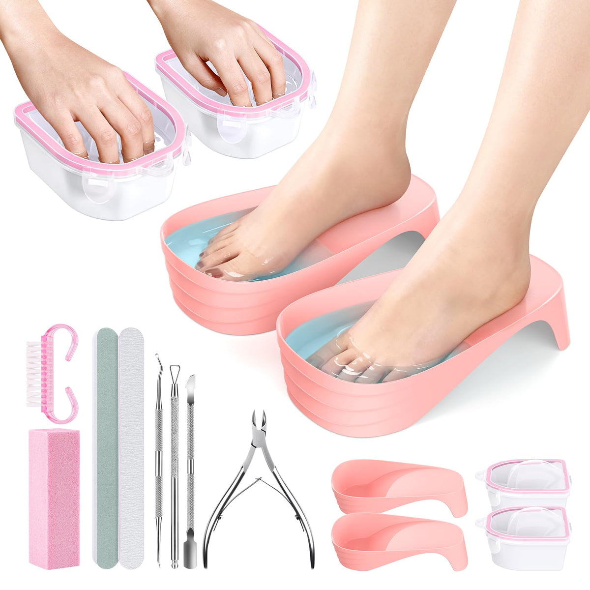 Hand Toe Nail Soaking Bowl: 12PCS Large Size Hand & Foot Nail Soak Off Bowl for Nail Lovers - Acetone Proof Toe Soaking Tray with Manciure Pedicure Tools for Dip Powder Gel Polish Remover (Pink,Pink)