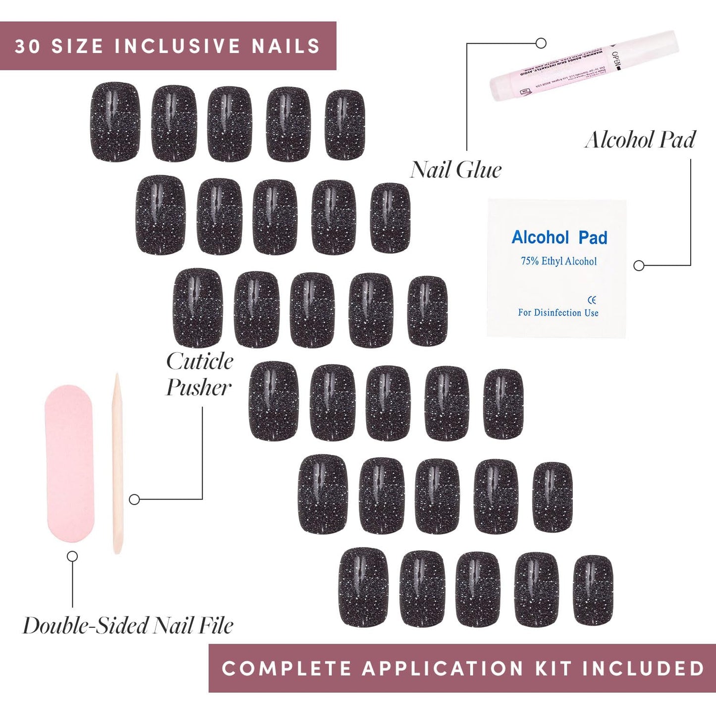 Glamnetic Press-On Nails Bundle - Cherry Glaze & Cosmic | Glazed Short Round Cherry Red Nails | Glossy Sparkly Black Short Squoval Fake Nails | Reusable Nail Kits