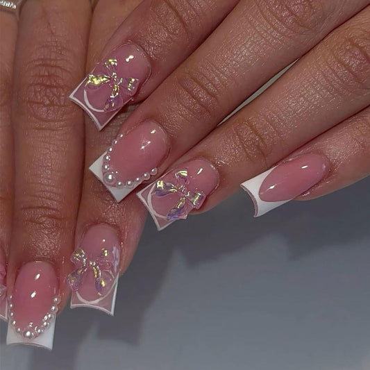 FIEONCIY Press on Nails Square Short Length Glossy Full Cover Acrylic Short Square Shaped False Nails with French Designs Artificial Fake Nails Glue Stick ons Fingernails for Women Girls(W2445)