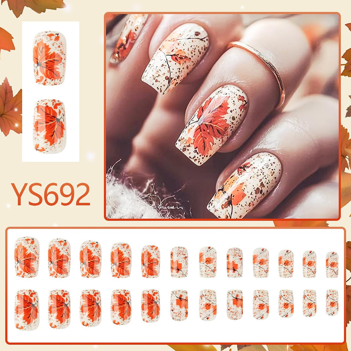EYZOTSF Thanksgiving Press on Short Square Nails Acrylic Fall False Nails with Maple Leaf Designs Artificial Autumn Leaves Square Fake Nails Holiday Glue Stick ons Fingernails for Women(YS692)