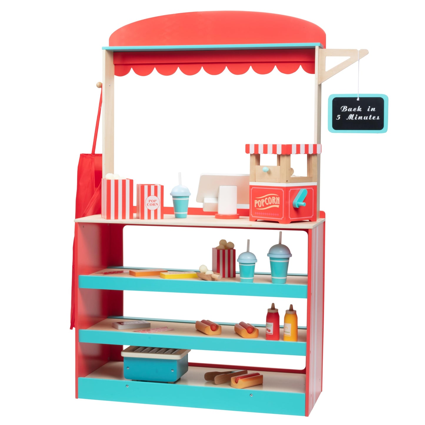 Movie Theatre Snack Bar Wooden Playset- Pretend Concession Stand Fun- Full Set w Popcorn Machine, Hot Dogs, Candy Bars, Sodas Cash Register, Credit Card- Kids Food Activity Center- Home or Daycare Toy