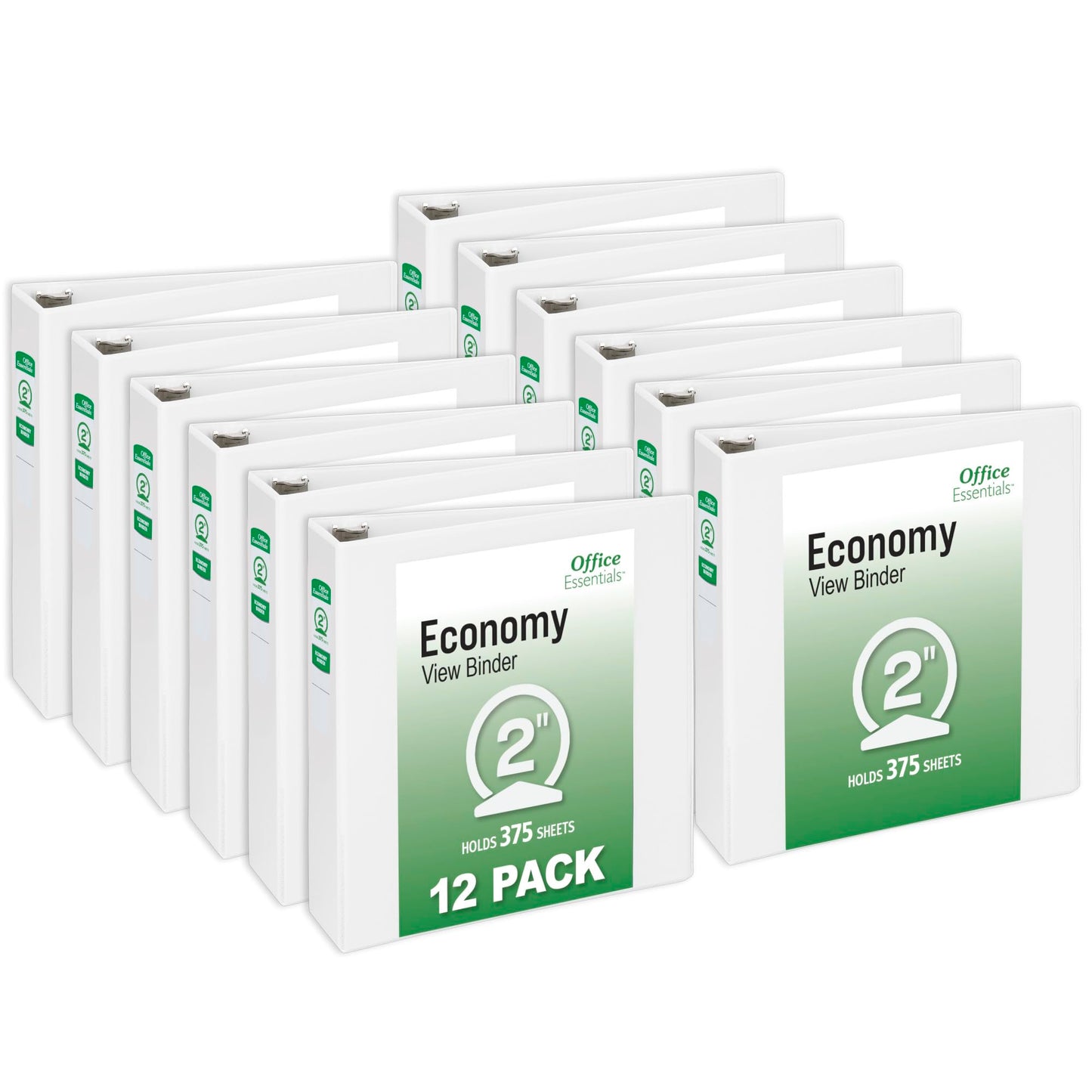 Office Essentials Economy View 3 Ring Binders, 2" Round Rings, 2.8" Spine, 375-Sheet Capacity, White Binders (12-Pack of 03428)