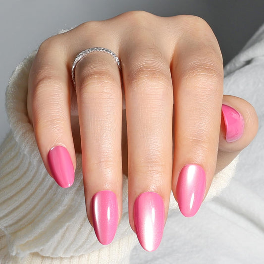 Leefrei Cat Eye Press On Nails - Glazed Candy Pink Press On Nails Short Almond Nails Press Ons for Women Fake Nails with Glue, Glossy Reusable Glue on Nail in 16 Sizes - 32pcs, Pink Stardust