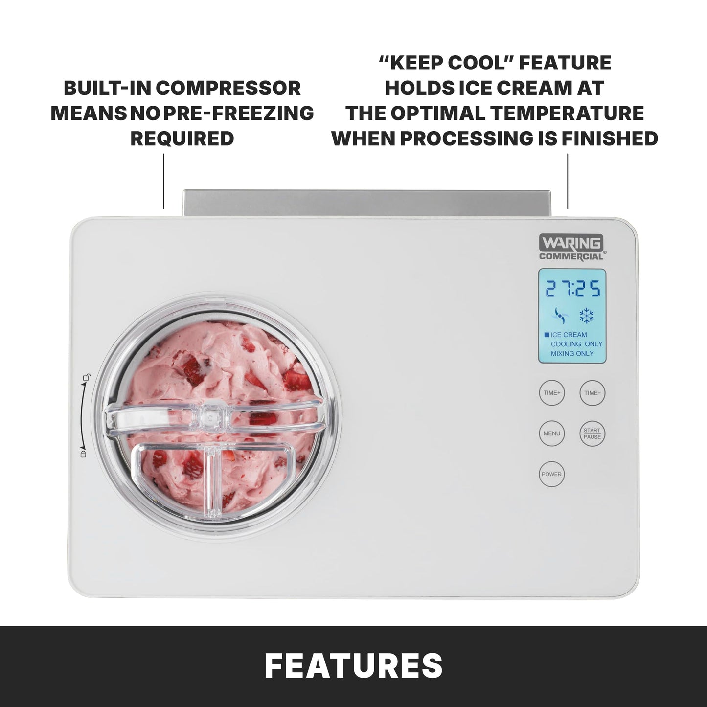 Waring Commercial WCIC20 2 Quart Capacity Ice Cream Maker with Built in Compressor, 180W, 120V, 5-15 Phase Plug