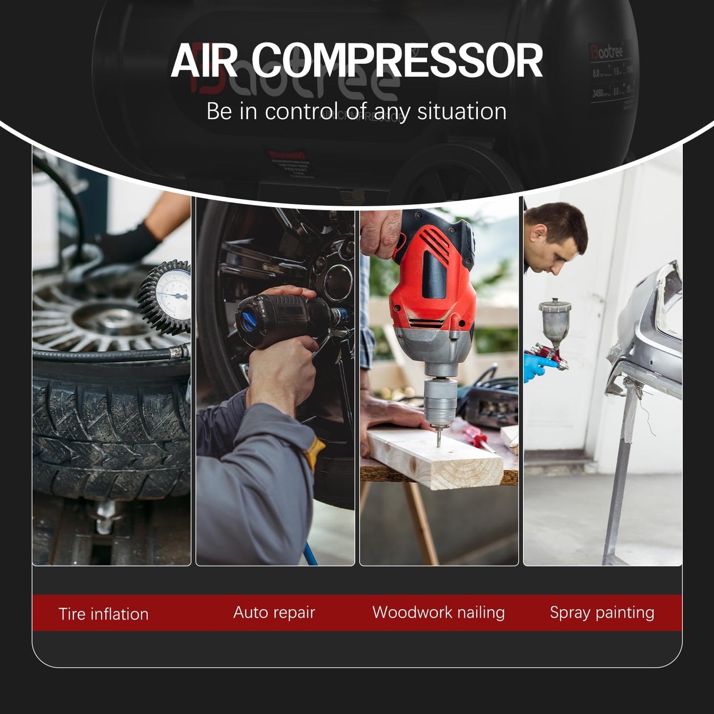 Baotree 14 Gallon Ultra Quiet Air Compressor with Two Quick Couplers, 2HP 8.75 CFM, Max 115 PSI Pressure Oil-Free Air Compressor Tank, 70dB Quiet Compressor for Auto Repair, Tire Inflation