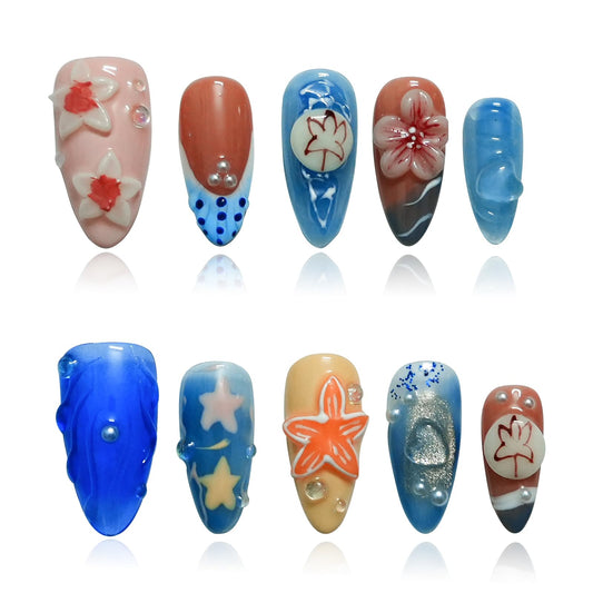 Tesytto Medium Almond Press on Nails Handmade - 3D Sea Starfish & Blue Floral Carving, Ocean French Tip Summer Beach Full Cover False Nails (Blue Floral Carving,M)