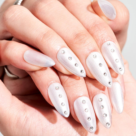 GLAMERMAID Nude White 3D Press on Nails Medium Almond, Rhinestone Handmade Jelly Gel Fake Nail Stiletto Kit, Ombre Glitter Magnetic Glue on Nail Short Oval, Normal Stick on False Nail Set for Women