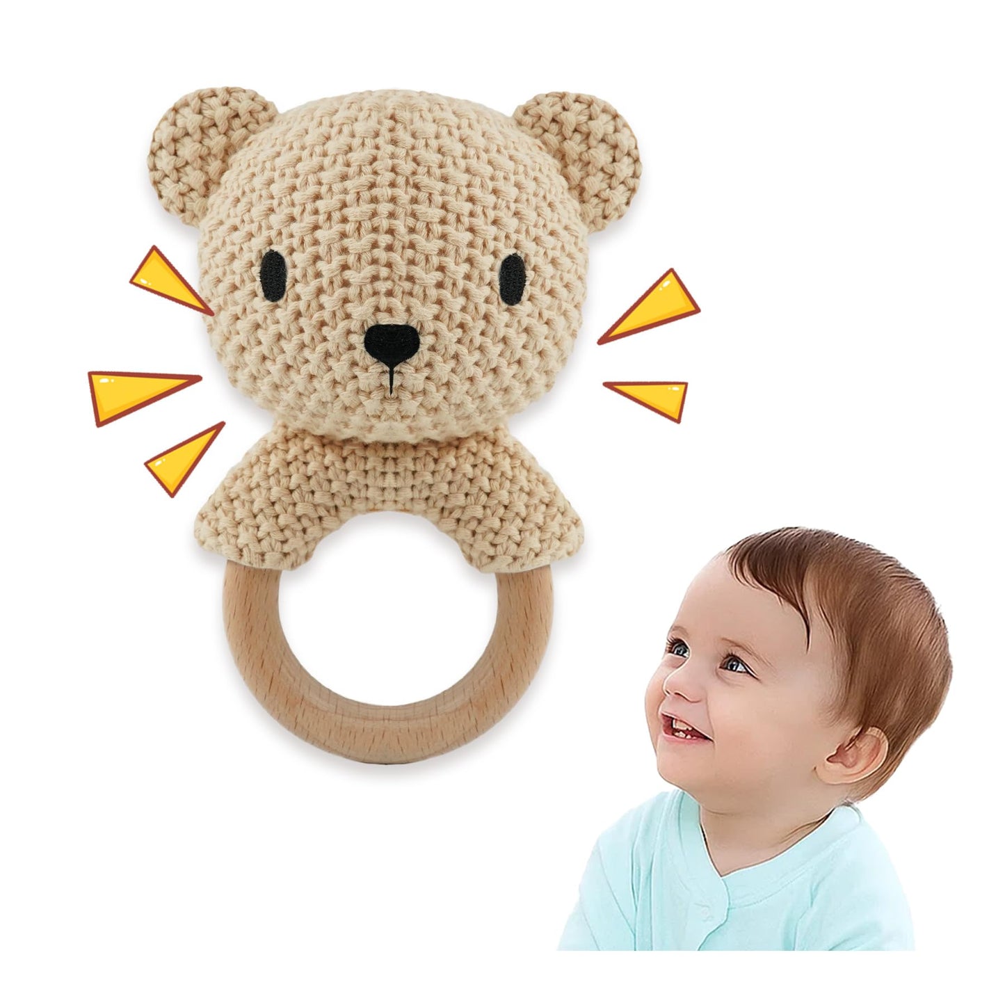 JUSTQUNSEEN Teddy Bear Baby Rattle Toy Hand Crochet Knitted Plush Stuffed Animal Teether Natural Wood Ring Cute Bear 6 Month Baby Gift Gentle Sound Shaker Newborn Infant Crib Soothing Sleep Aid Gift
