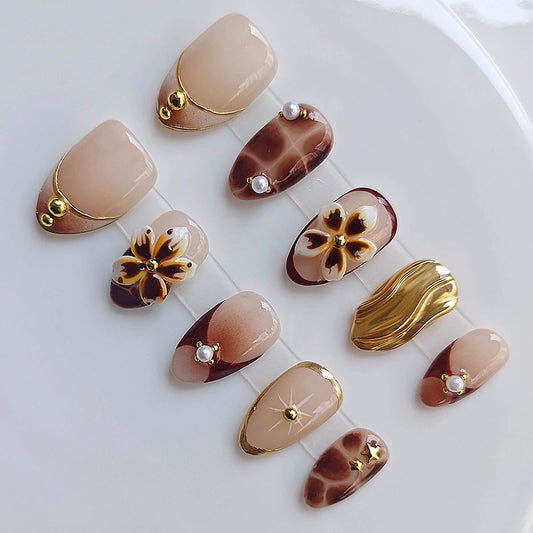 Gleamrain Handmade Press on Nails Short Almond for Women,Handcrafted Floral Design Reusable Full Cover Fake Nails for Daily Wear Party Birthday P206