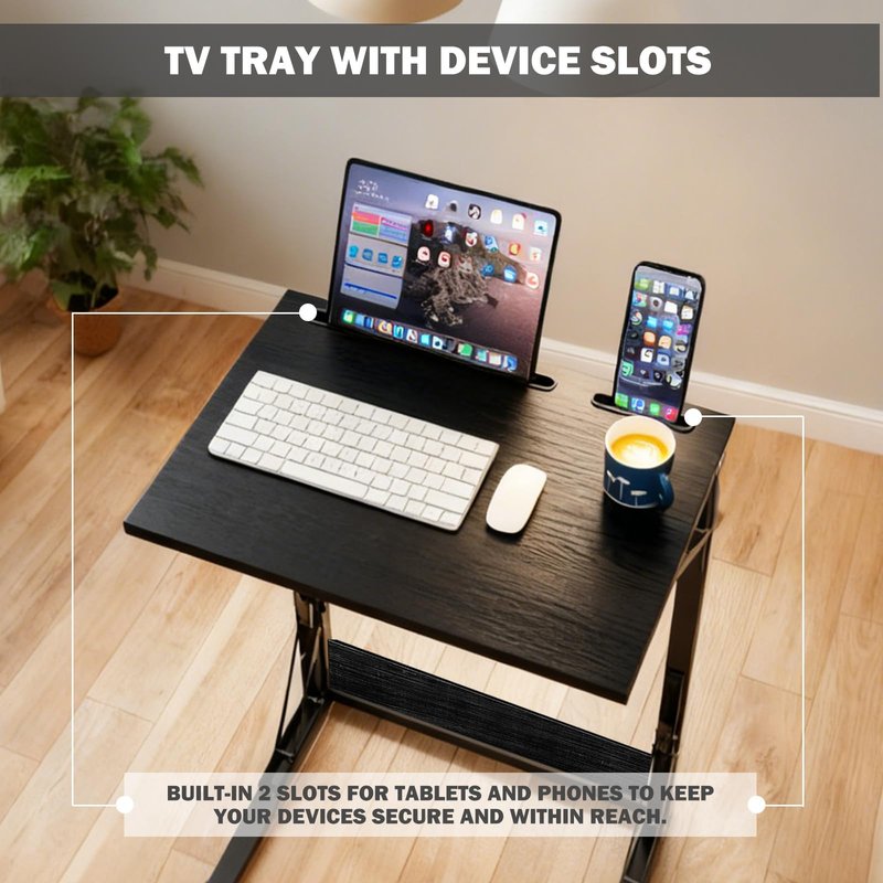 Folding TV Tray Table,TV Dinner Tray Table,Adjustable Height TV Trays for Eating on Couch,C Shaped End Table with Tablet and Phone Slots,Foldable Side Table&Laptop Desk for Sofa&Bedside&Recliner