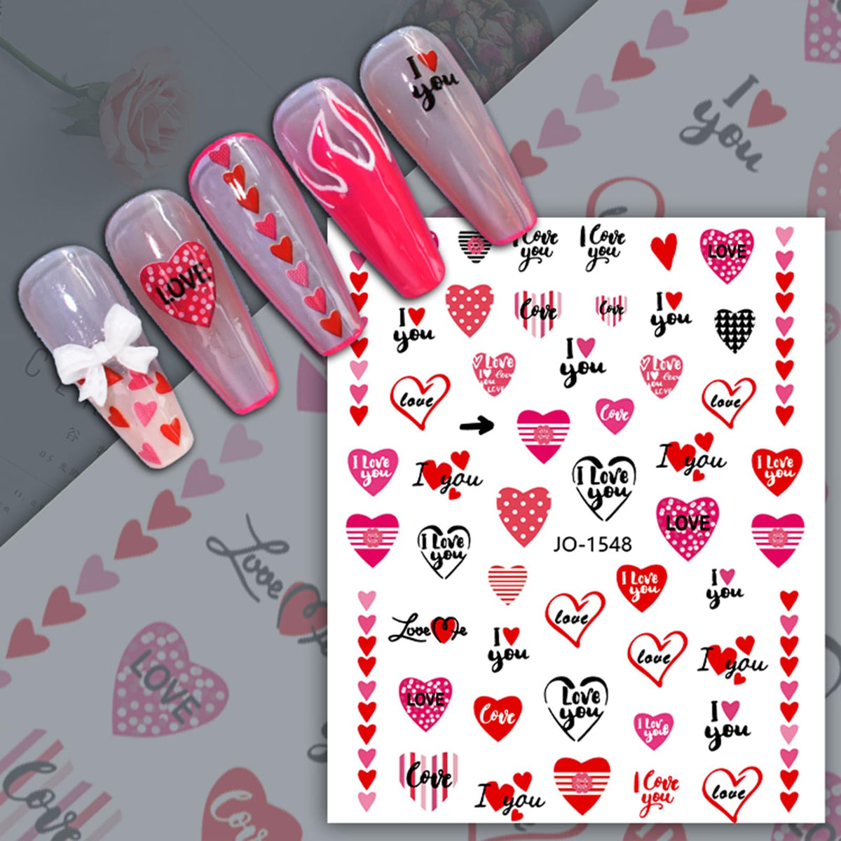 12 Sheets Valentine's Day Nail Sticker for Nails Art 3D Embossed Self-Adhesive Pink Red Love Heart Lips Valentine's Day Nail Decal Design Supplies for Women DIY Manicure Art Decoration YX1241