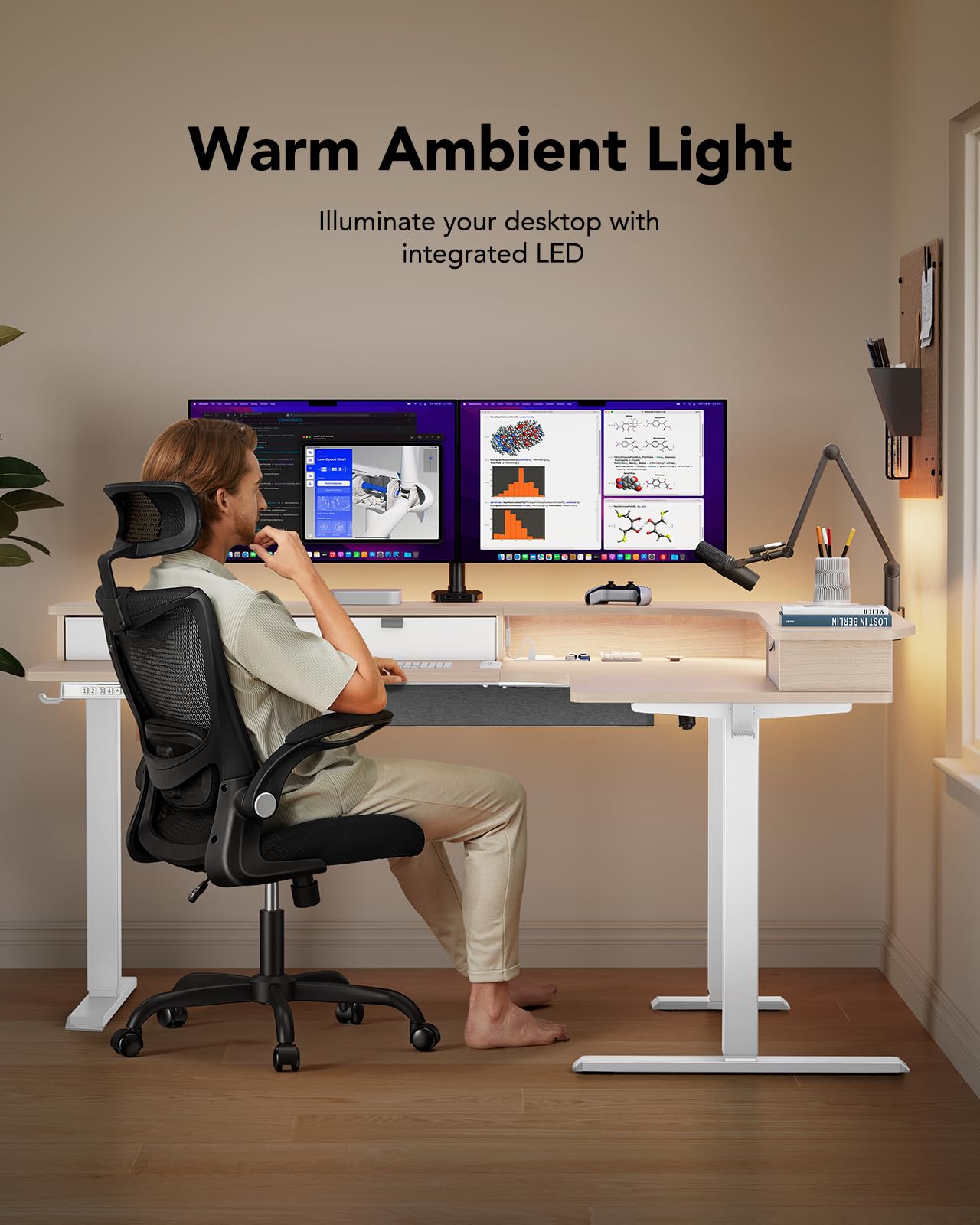 HUANUO 65″ L-Shaped Standing Desk with Power Outlets & LED Strip, Electric Height Adjustable Corner Computer Desk, Sit Stand Up Desk with 3 Drawers, Natural Wood