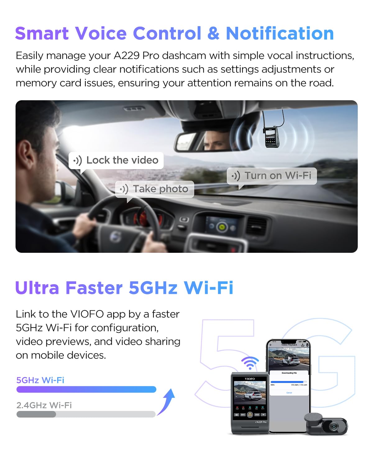 VIOFO A229 Pro 4K HDR Dash Cam, Dual STARVIS 2 IMX678 IMX675, 4K+2K Front and Rear Car Camera, 2 Channel with HDR, Voice Control, 5GHz WiFi GPS, Night Vision 2.0, 24H Parking Mode