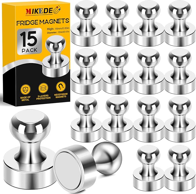 MIKEDE Fridge Magnets for Whiteboard, 15Pcs Strong Magnets for Whiteboard, Refrigerator Magnets Neodymium Push Pins Magnets for Office, at School, Classroom, Kitchen