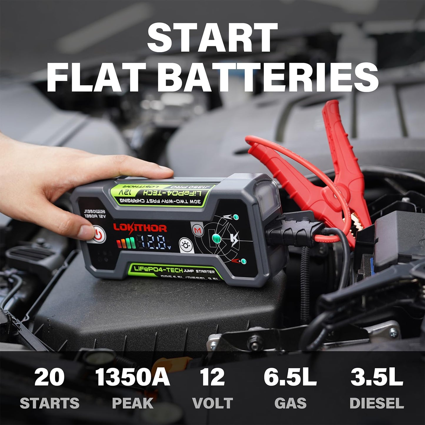 LOKITHOR JT400 2500A Jump Starter with 12V Battery Tester and J1350 PRO LiFePO4 1350 Amp Jump Starter