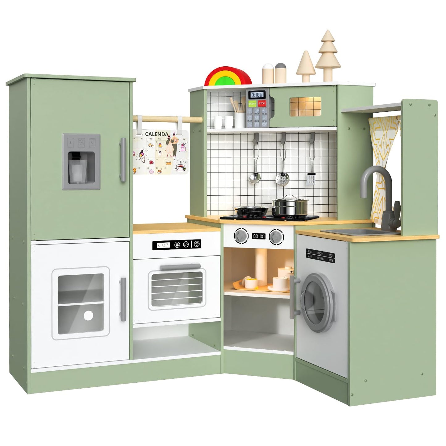 Babytronic Corner Wooden Play Kitchen Set for Kids w/Lights & Sounds, Pretend Play Kitchen Playset with Stove, Microwave, Ice Maker & Accessories, Perfect for Toddlers & Multiple Children (Green)