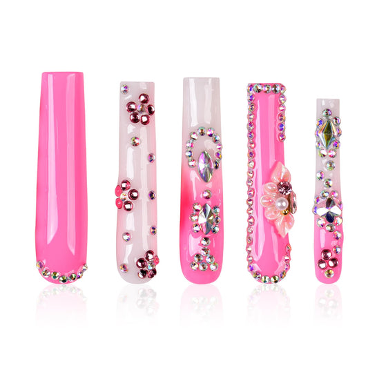 Tmani 10pc/set Extra Long Handmade Press On Nail Hot Girl's Long Ballet Nails Square Nail Full of Diamond Glitter Decoration Fake Nails Suitable For Girls Festival Parties and Birthday Gift (150,M)