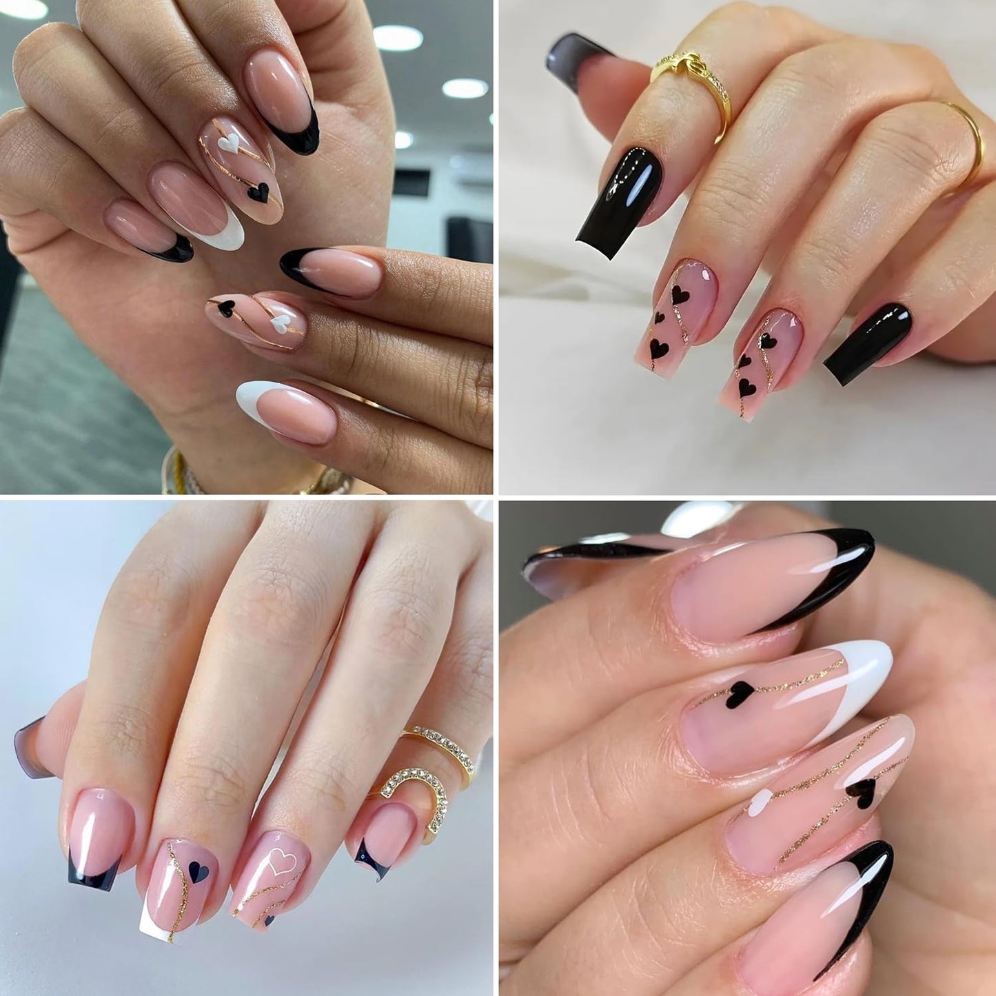 Heart Nail Art Stickers - Valentine's Day Nail Stickers White Black Heart Nail Decals 3D Valentine's Nail Supplies Love Gold-Stamped Lines French Adhesive Decal for Women Girl Nail Decoration 2Sheets
