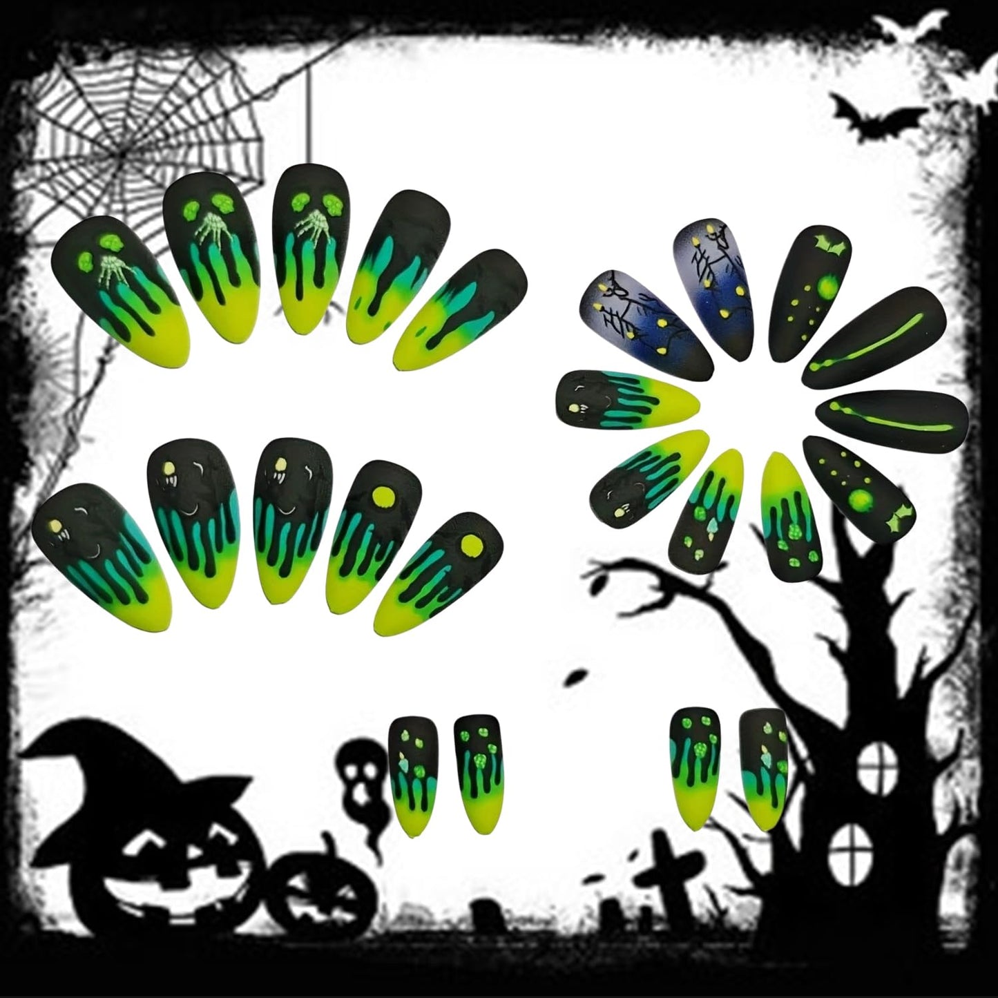 CJDLTS 24Pcs Halloween Fluorescence Press on Nails Long Bat Candle Skull Pattern Halloween Nail Full Cover Artificial Acrylic Fingernails French Tip Almond Stick on Nails for Women Festival Decoration