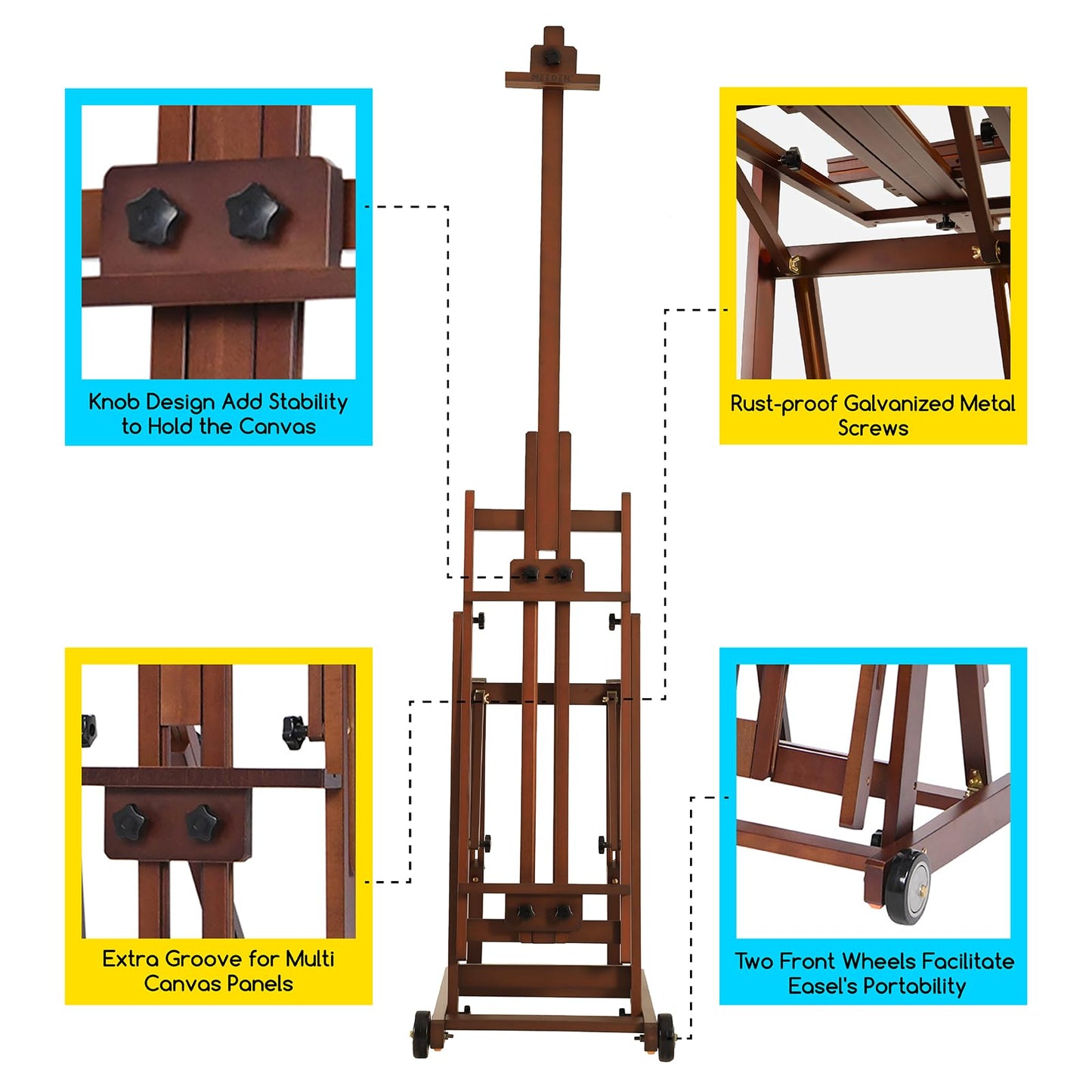 MEEDEN Studio H-Frame Easel -Adjustable Beech Wood Studio Art Easel, Painting Floor Easel Stand, Movable and Tilting Flat Available, Holds Canvas Art up to 77",Classic Walnut