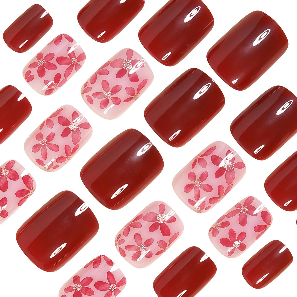 CEWEWP 24Pcs Wine Red Press on Nails Extra Short Nude Flowers Fake Nails with Glitter Flowers Design Full Cover Winter False Nail Square Shape Glue on Nails Acrylic Glossy Stick on Nail for Women