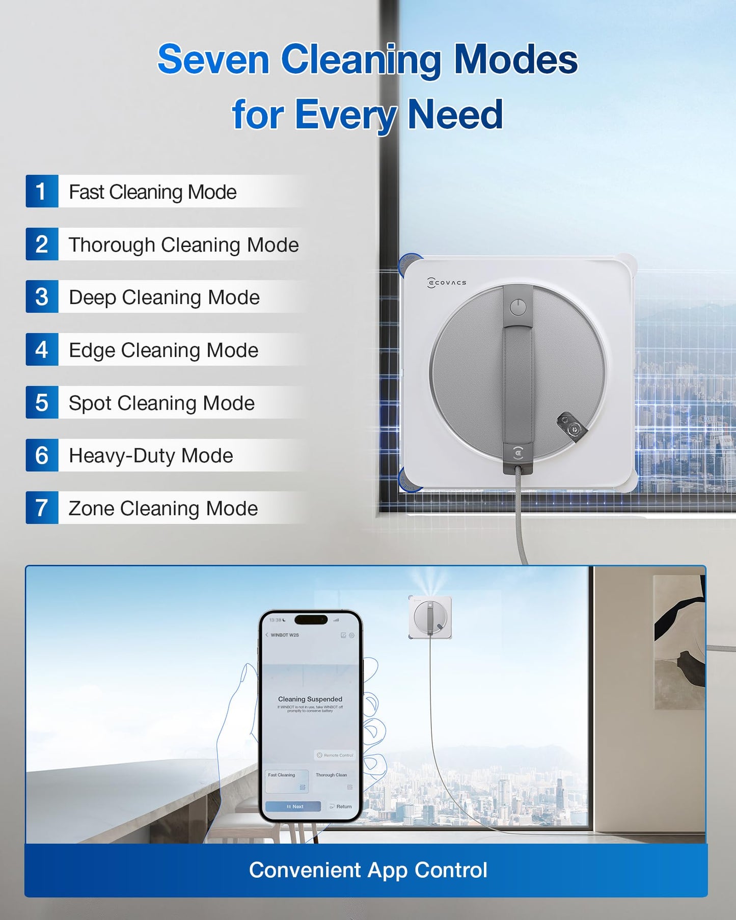ECOVACS WINBOT W2S Window Cleaning Robot, Intelligent Edge-to-Edge Cleaning with TruEdge Scrubbers, 3 Water Nozzles, 10-Level Safety System, Win-SLAM 4.0 Route Planning, Even Climbing System