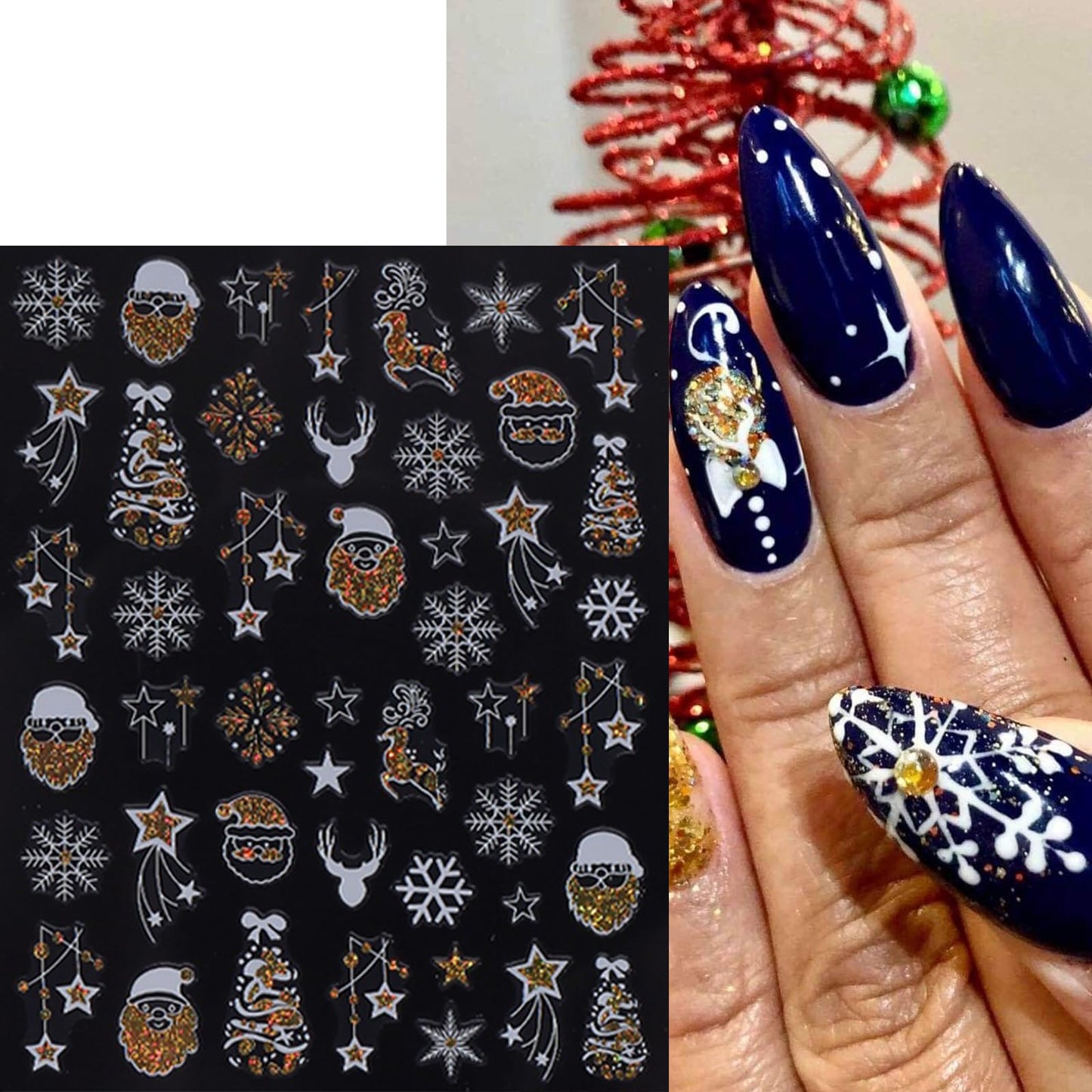9 Sheets Glitter Christmas Nail Art Stickers Snowflake Christmas Tree Nail Decals 3D Self-Adhesive Bow Snowball Santa Claus Nail Design DIY Christmas Nail Supplies Star Elk Nail Decoration for Women
