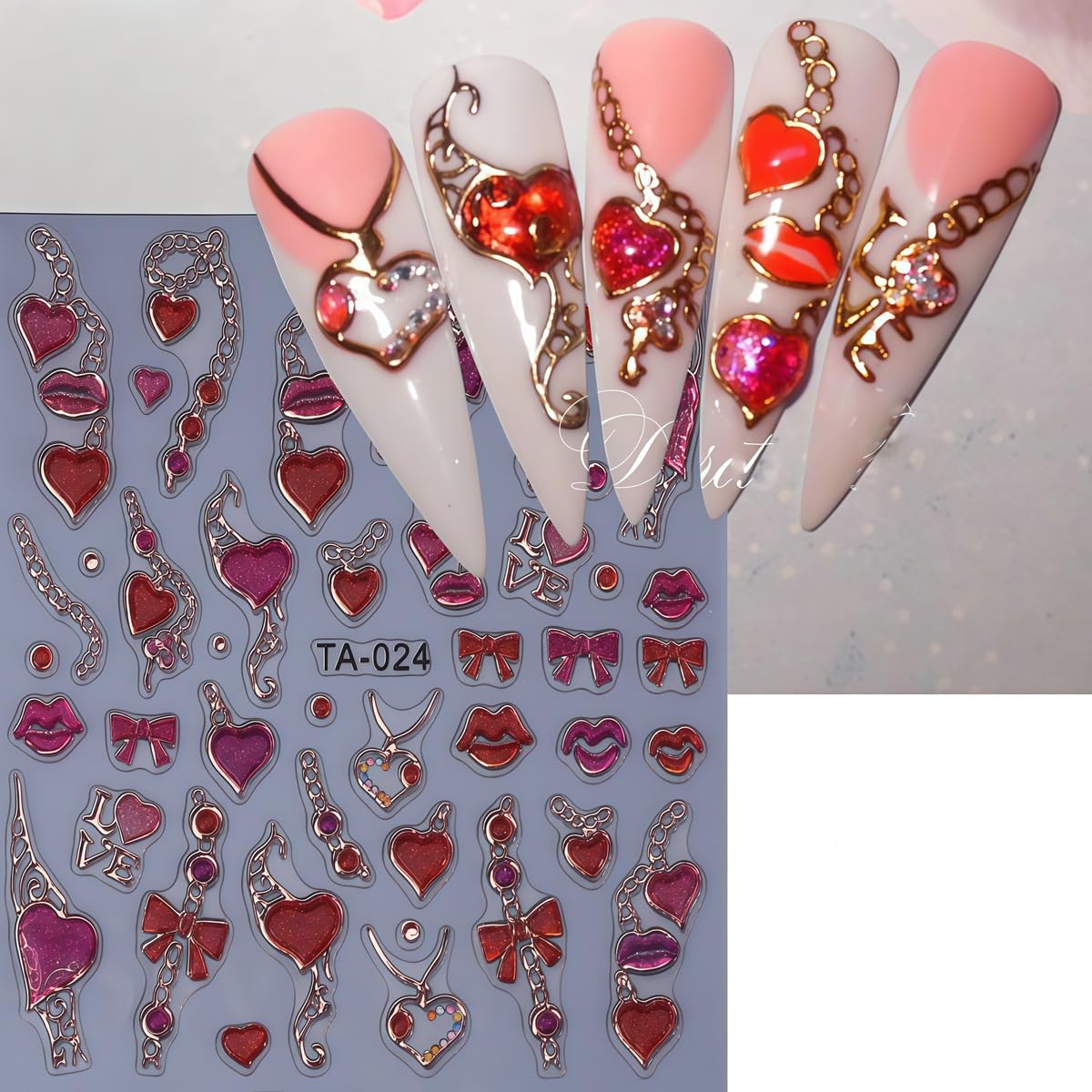 2 Sheets Heart Nail Art Stickers for Nail Art Valentine’s Day Nail Decals 5D Self-Adhesive Red Heart Nail Design Valentines Day Nails Supplies for Women Girls DIY Nail Decor