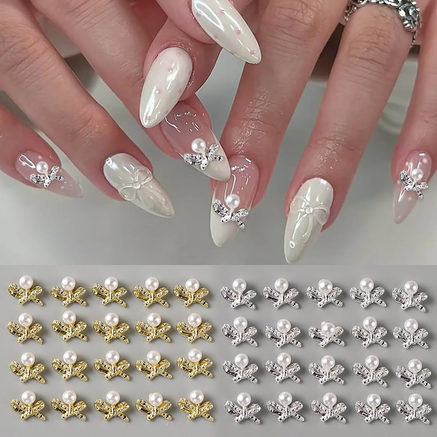 CJDLTS Bow with Pearl Nail Art Accessories Mix Stereo Matel Nails Decoration 30 Pcs Gold & Silver Sweet Bow with Pearl Nail Supplies Suitable Women Daily Manicure Decoration