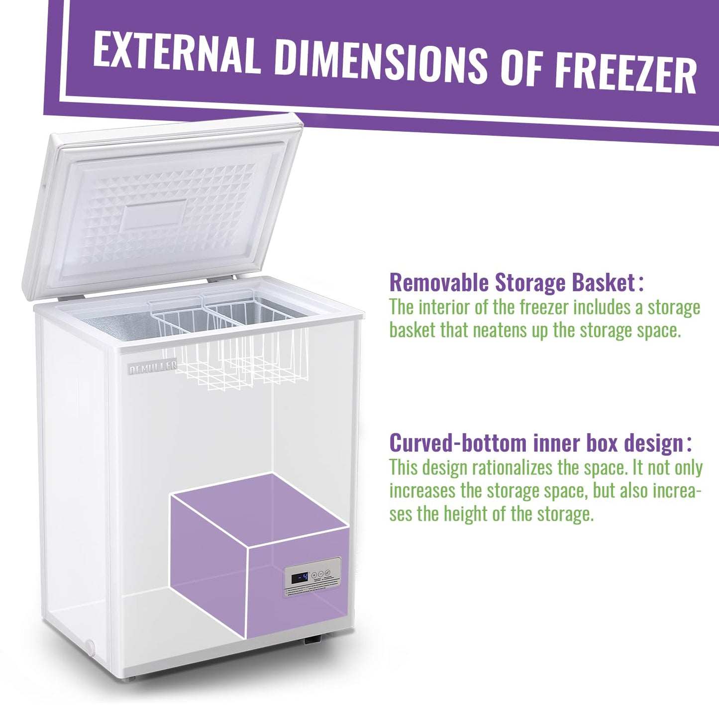DEMULLER Small Chest Freezer Deep Freezers with Electronic Control Panel Top Open Door 2 Removable Baskets for Apartment Dorm Office Freestanding White