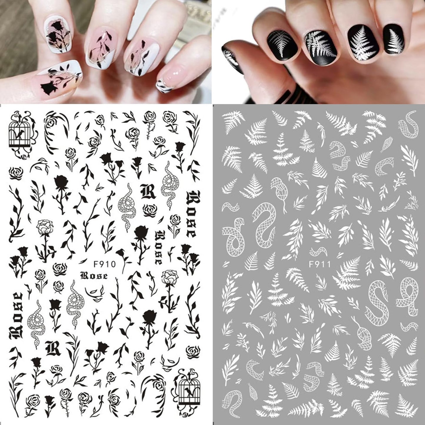 DZPGUONIZ 10 Sheets Black White Nail Art Stickers Snake Nail Decals Star Moon Star Rose Leaf Flame Nail Art Supplies Butterfly Acrylic Nail Supplies 3D Goth Snake Nail Design Stickers DIY Nail Decor