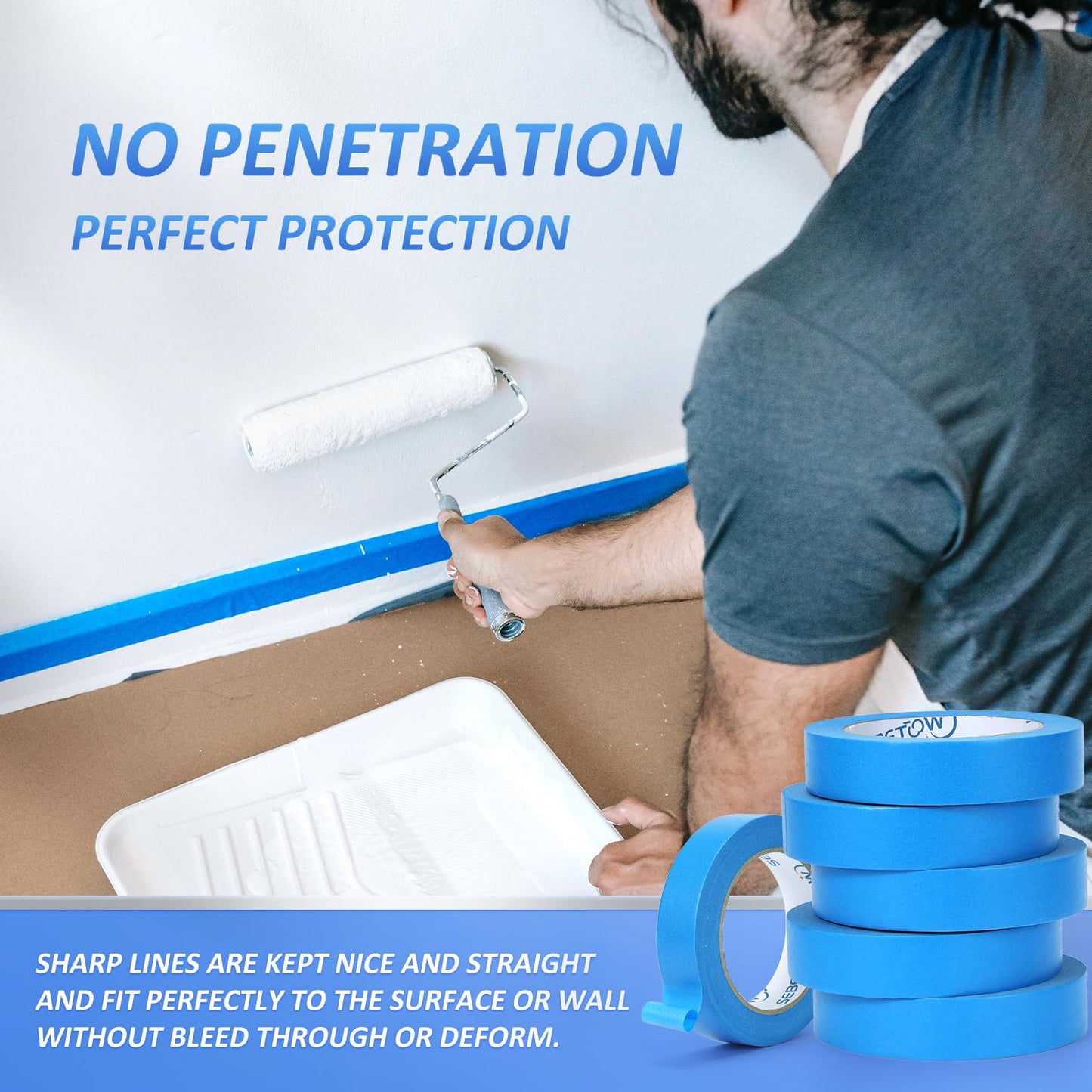 SEBETOW 10 Rolls Painters Tape 1 inch Bulk Painter Tape Blue Wide Roll, Blue Masking Tape, 1 Inches x 55 Yards for General Purpose Wall Painting, Home Improvement