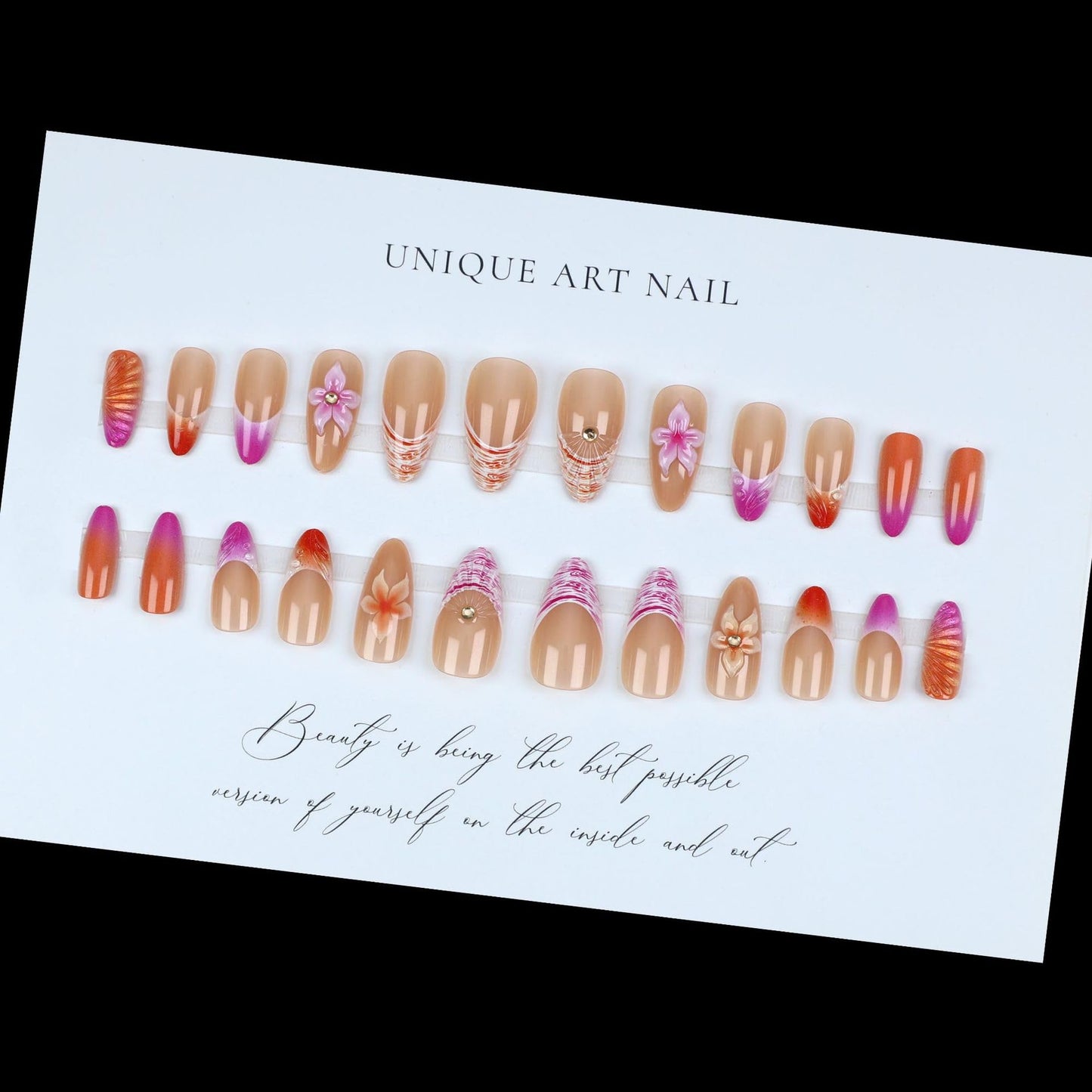 Almond Press on Nails Medium Length 3D Summer Fake Nails with Designs French Tip Nails press ons Embossed Pink Orange Flower False Nail French Manicure Glossy Full Cover Stick on Nails for Women 24PCS