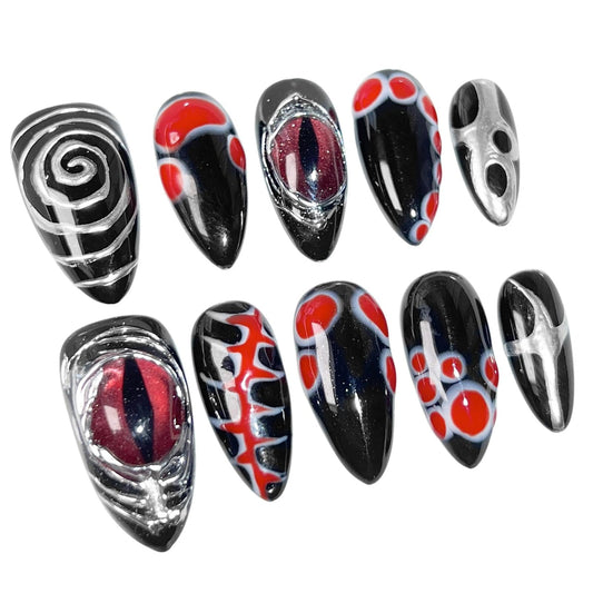 Handmade 3D Dark Anime Red Black Stiletto Press On Nails, Spiral Metallic Stream Artisan Nails Set, Reusable Glossy Press-ons with Tool Kit (S)