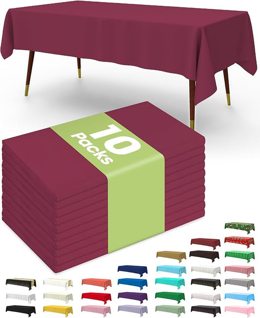 Pureegg Plastic Table Cloth Disposable 10 Pack, 54 x 108 Inch Table Cloths, Party, Thanksgiving Decorations, Harvest, Fall Tablecloths, Rectangle, Maroon Plastic Cover, Leakproof & Sturdy, Burgundy