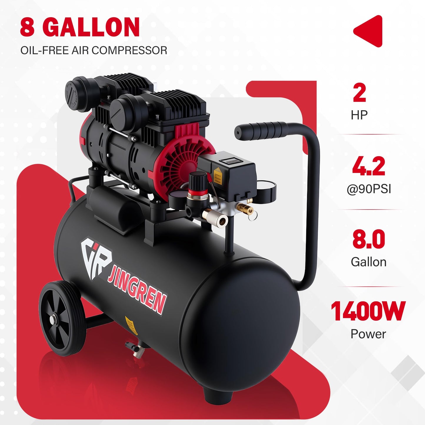 JIR JINGREN 8 Gallon Ultra Quiet Air Compressor, 2HP 4.2CFM, Max 120 PSI Oil-Free Air Compressor Tank, 120V/11A, 68dB for Car Repair, Spray Painting, Woodwork Nailing（With Accessories Kit）
