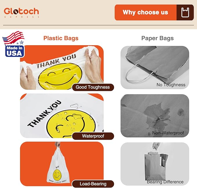 Glotoch 5000 (5K) Ct Plastic Thank You T-shirt Bags Smile Face, 11.5 x 6.5x 21" Have Nice Day Grocery Shopping Gift Bag with Handle for Restaurant, Retail, Takeout, Convenience Store, in Bulk Business