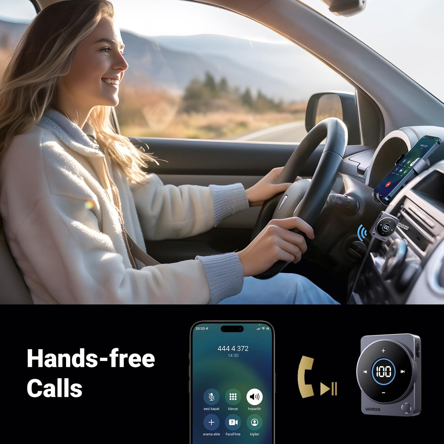 UGREEN 5.4 Bluetooth Car Adapter, [Noise Cancellation] Aux Bluetooth Receiver for Car, 3.5mm Wireless Audio Receiver for Music/Hands-Free Call/Home Stereo/Wired Speaker, 20H Battery Life