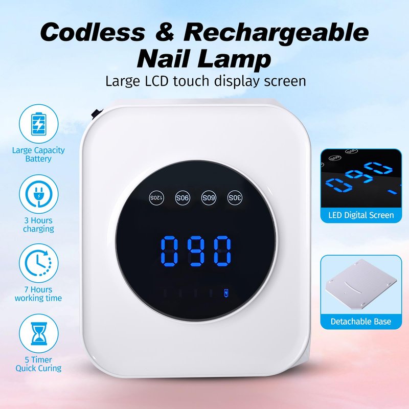Belovedone UV Nail Lamp, 72W Rechargeable LED Gel Nail Light Dryer for Gel Polish 4 Timer Modes Cordless Bling White Diamond Rhinestones for Salon & Home