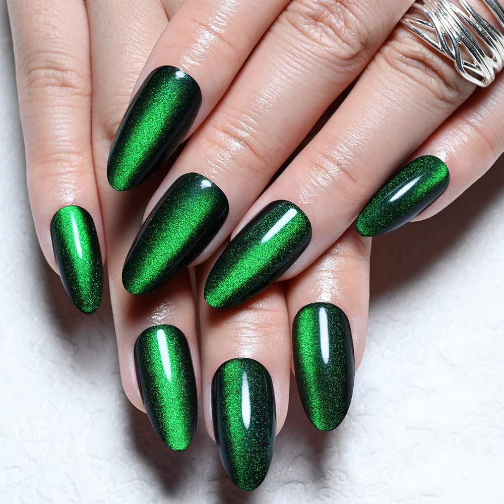 evpct Glitter Green Cat Eye Chrome Press on Nails Almond Medium No Glue, Holographic Medium Almond Stick on Fake Nails for Women Gift, Glossy Cateye Effect, Perfectly Fit Salon-quality Soft False Nail