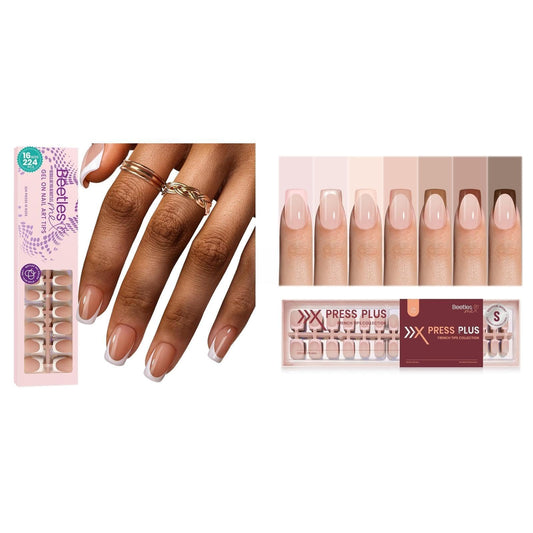 Beetles French Tips Press On Nails: 224 Pcs Brown French Tip Nails Short Squaval Fake Nail Tips & Beetles X Press Plus French Tip Nails - 7 Colors Short Square Press On Nails 16 Sizes 224 Pcs Gel Nail